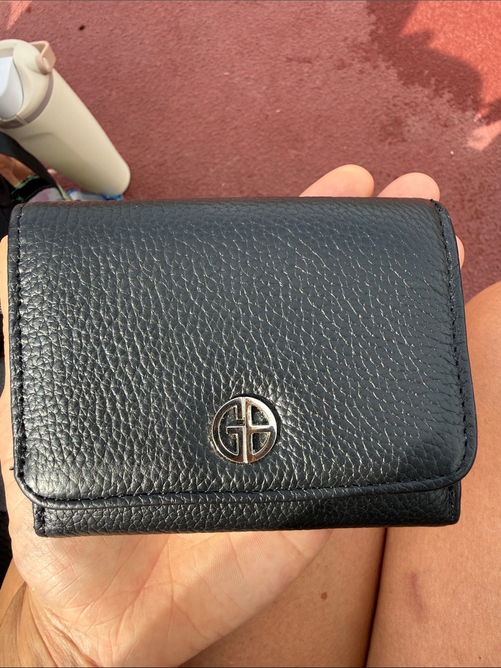 Black Leather Compact Wallet with Silver Logo